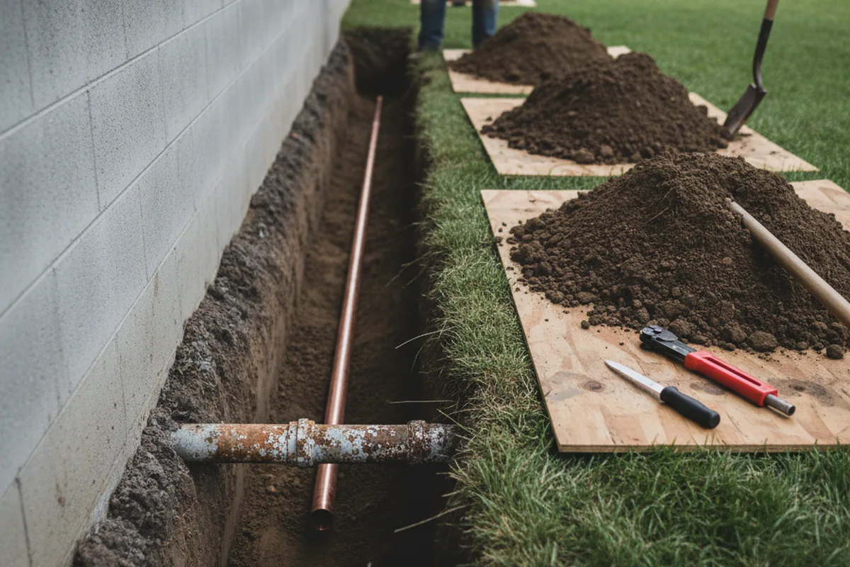Excavated water line trench during Water Heater Repair in Upper Darby